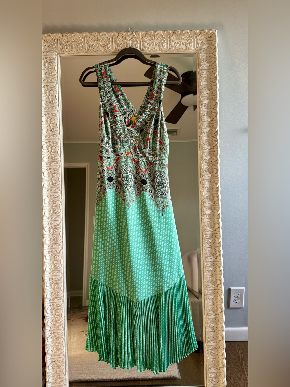 Maeve Mint Green Paisley-Print Midi Dress with Coral Accents